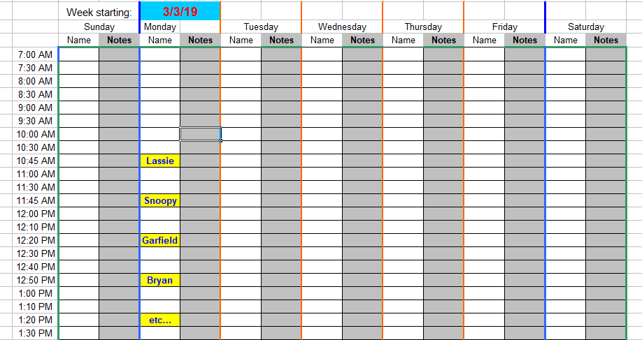 dog walking weekly schedule